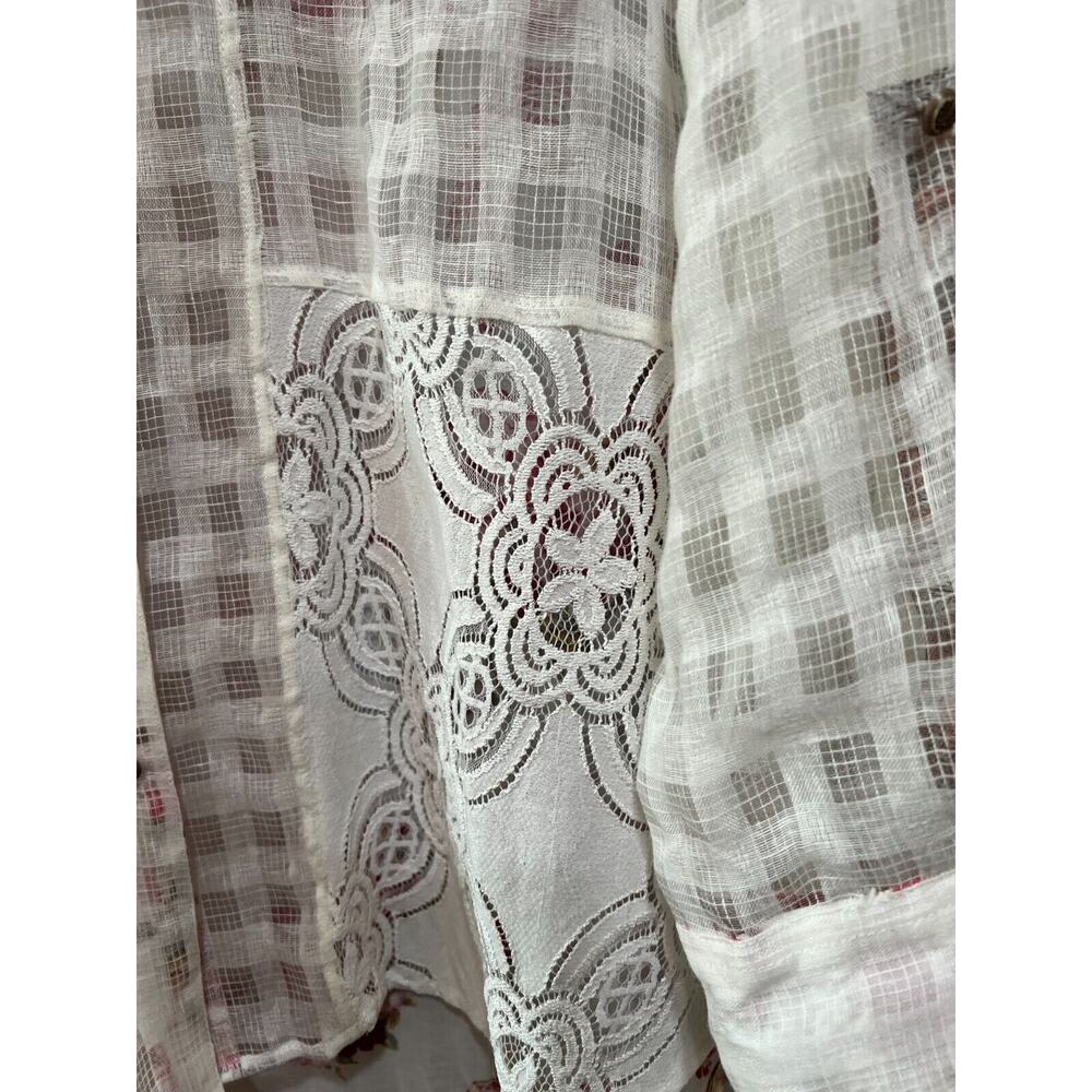White Sheer Lace Floral Crane embroidery button down shirt Art Boho Romantic L - Picture 6 of 16